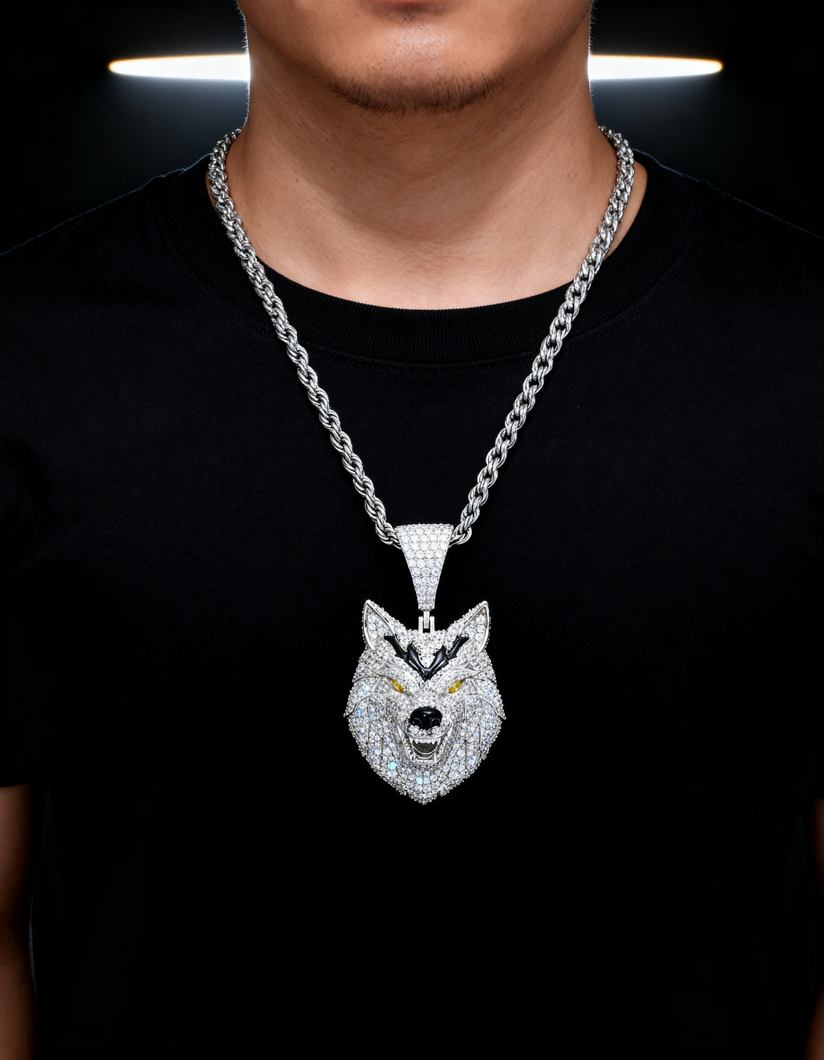 Iced Out 3D Wolf Head Pendant worn on a chain