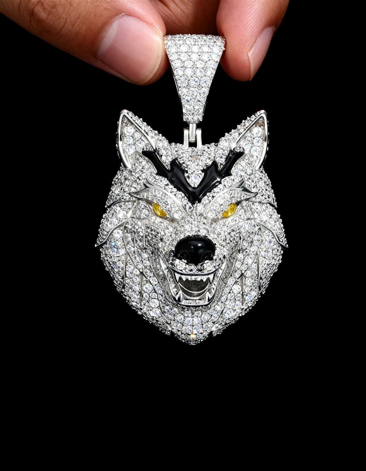 Iced Out 3D Wolf Head Pendant in 925 silver with moissanite - front view on black