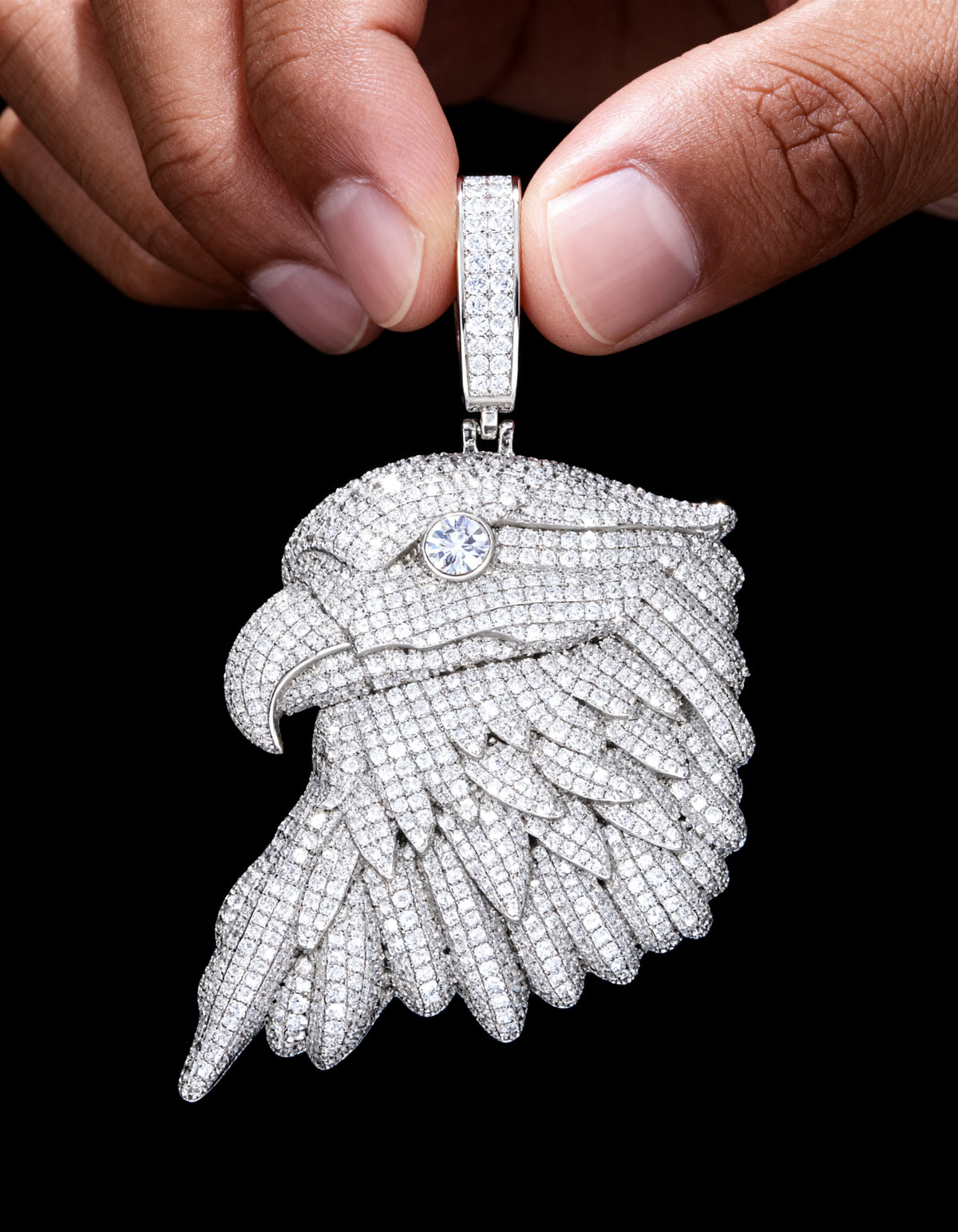 Iced Out Bald Eagle Pendant in 925 silver with moissanite - angled right view