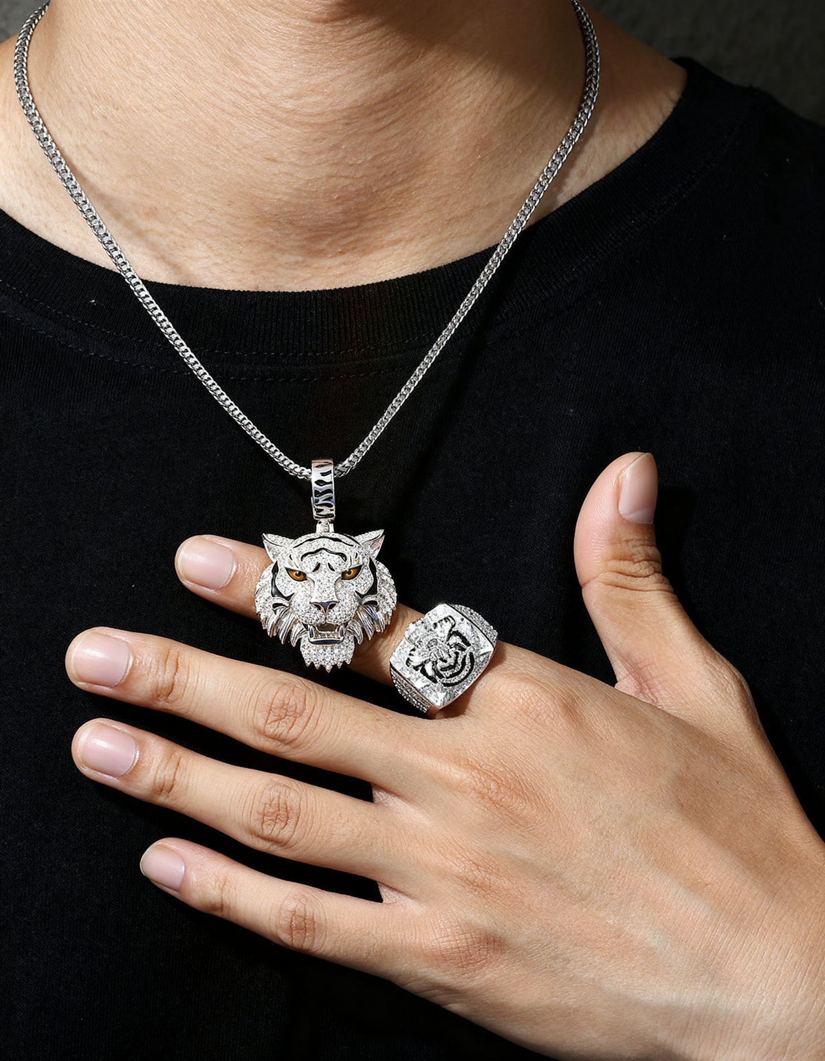 Moissanite Tiger Pendant in 925 silver - worn on a chain with the matching tiger ring