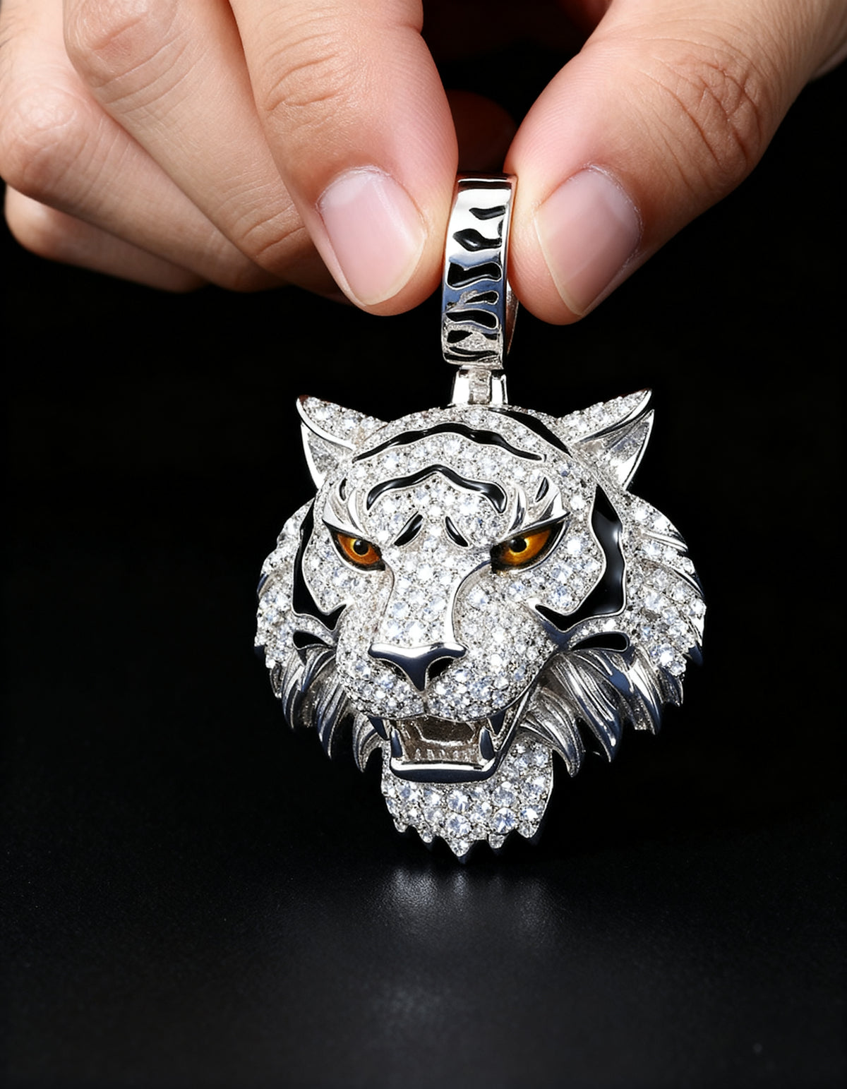 Moissanite Tiger Pendant in 925 silver - angled left view