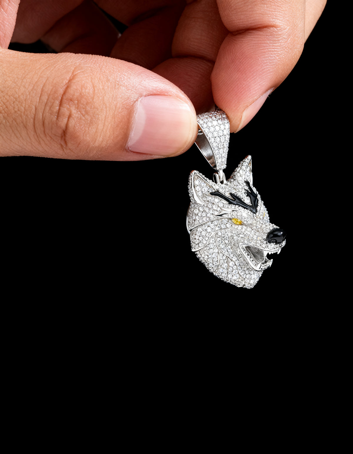 Iced Out 3D Wolf Head Pendant - angled right view