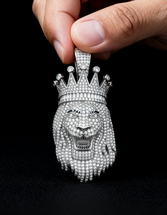 Crown Lion Pendant in 925 silver with moissanite - front view on black