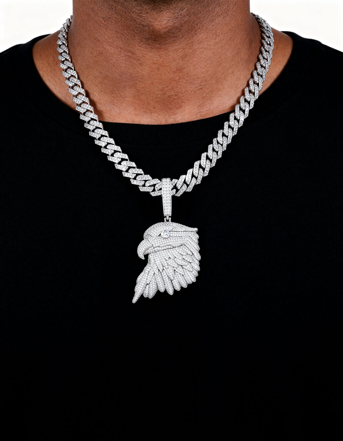 Iced Out Bald Eagle Pendant in 925 silver with moissanite - worn on a Cuban chain