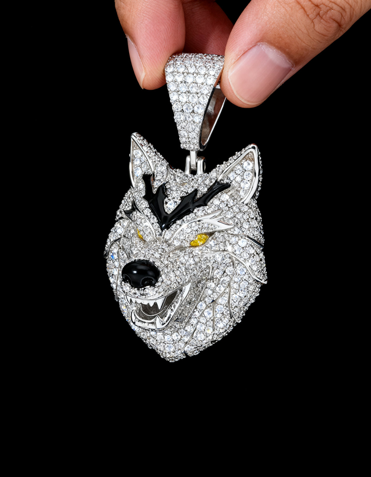 Iced Out 3D Wolf Head Pendant - angled left view
