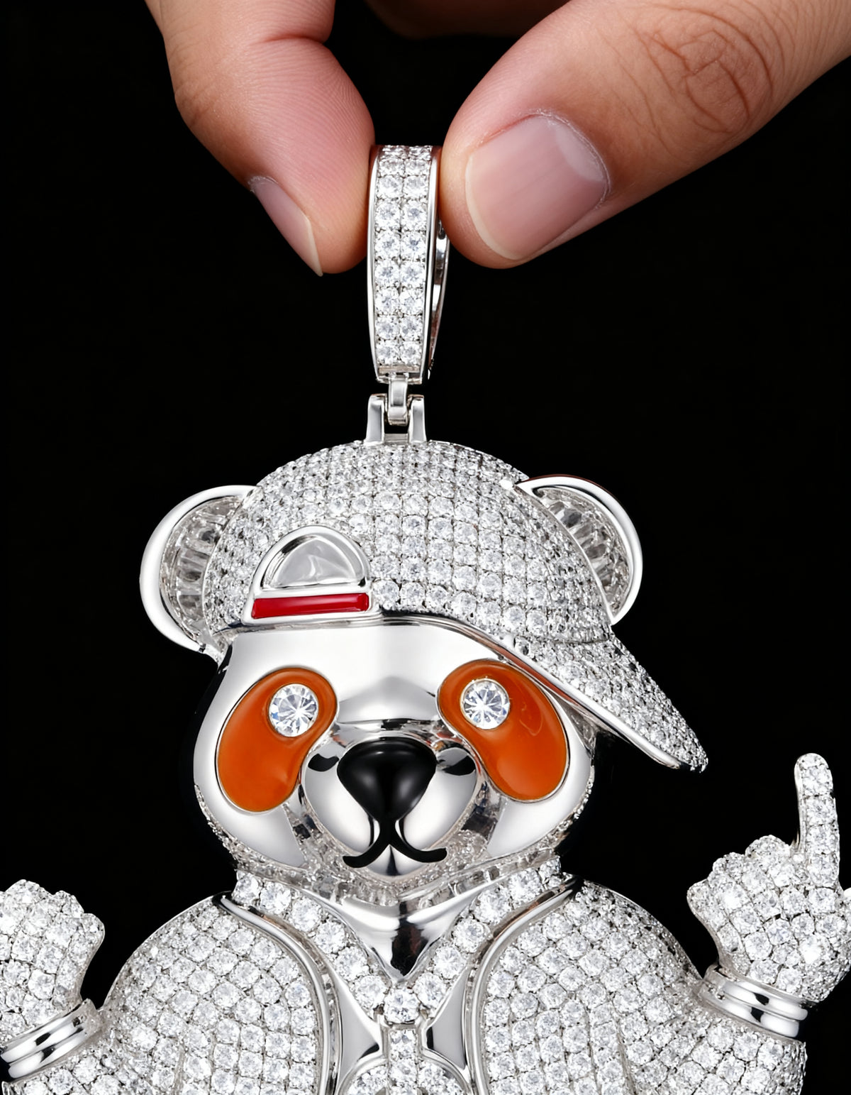 Iced Out Bear Pendant in 925 silver with moissanite - angled left close view