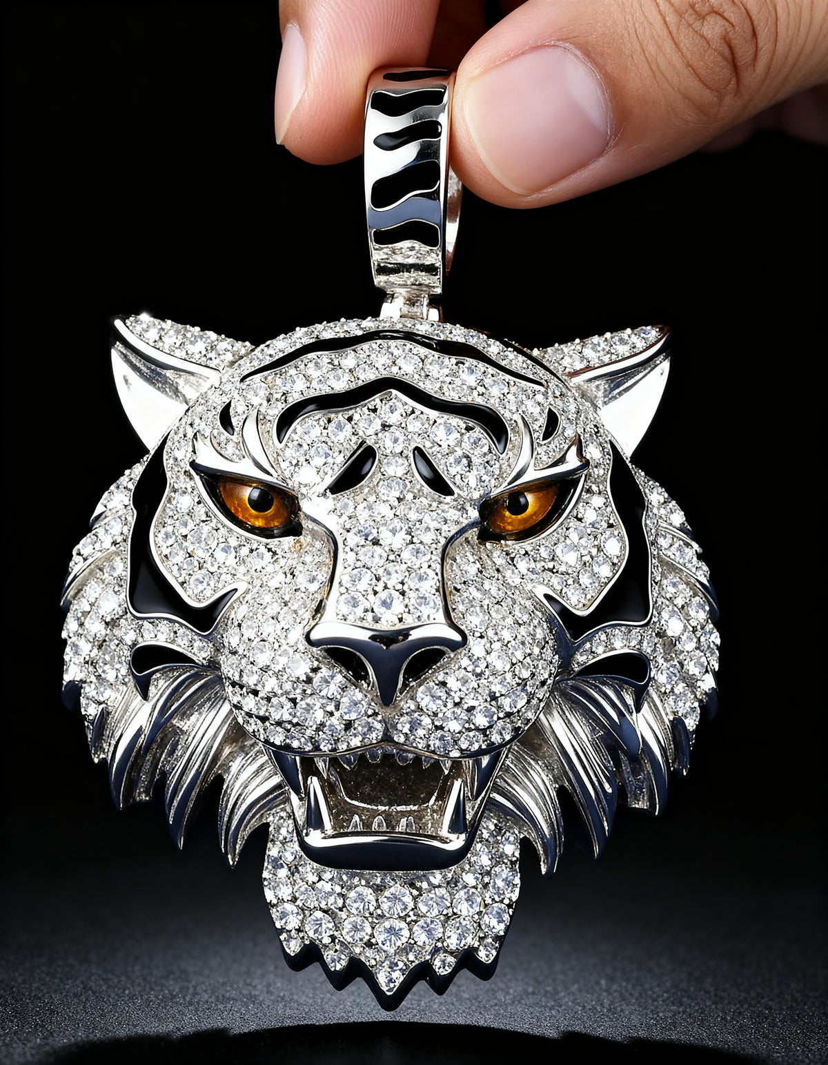 Moissanite Tiger Pendant in 925 silver - front view on black
