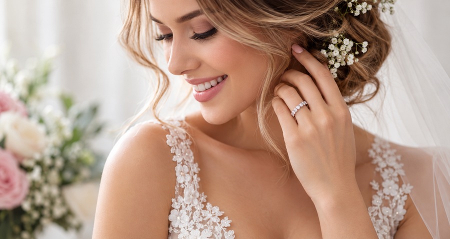 Bride wearing a moissanite eternity band