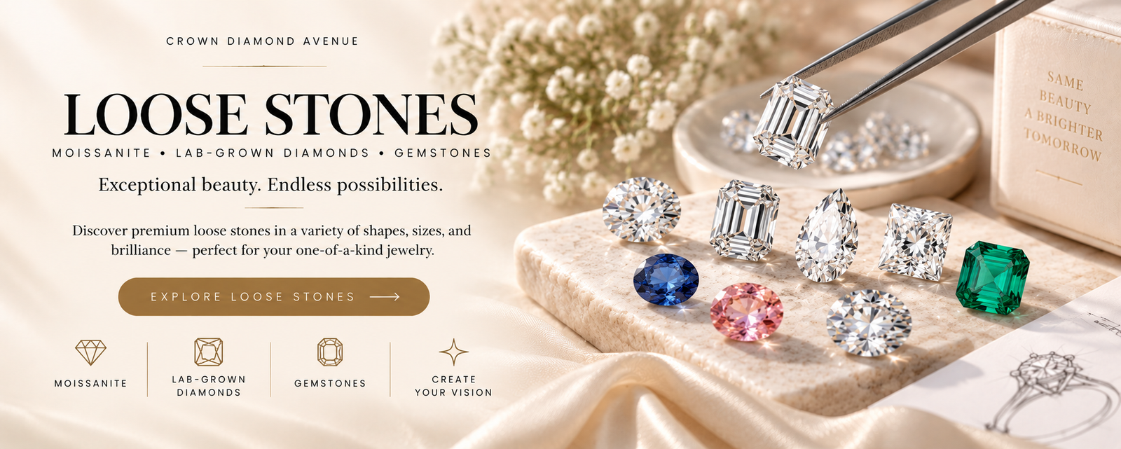 Loose stones — moissanite, lab-grown diamonds and gemstones
