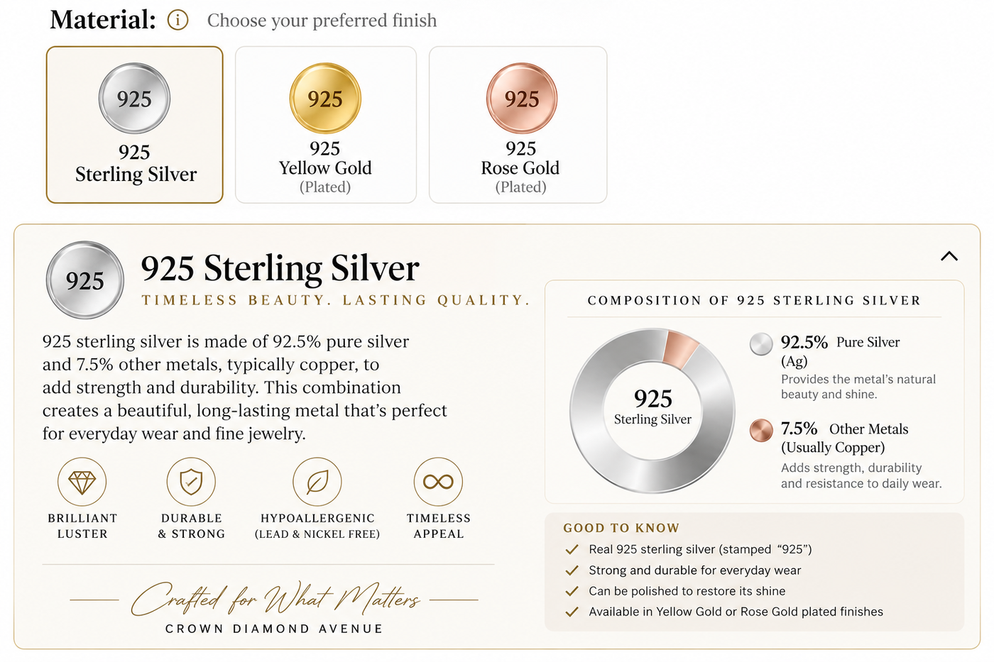 Crown Diamond Avenue 925 sterling silver material guide