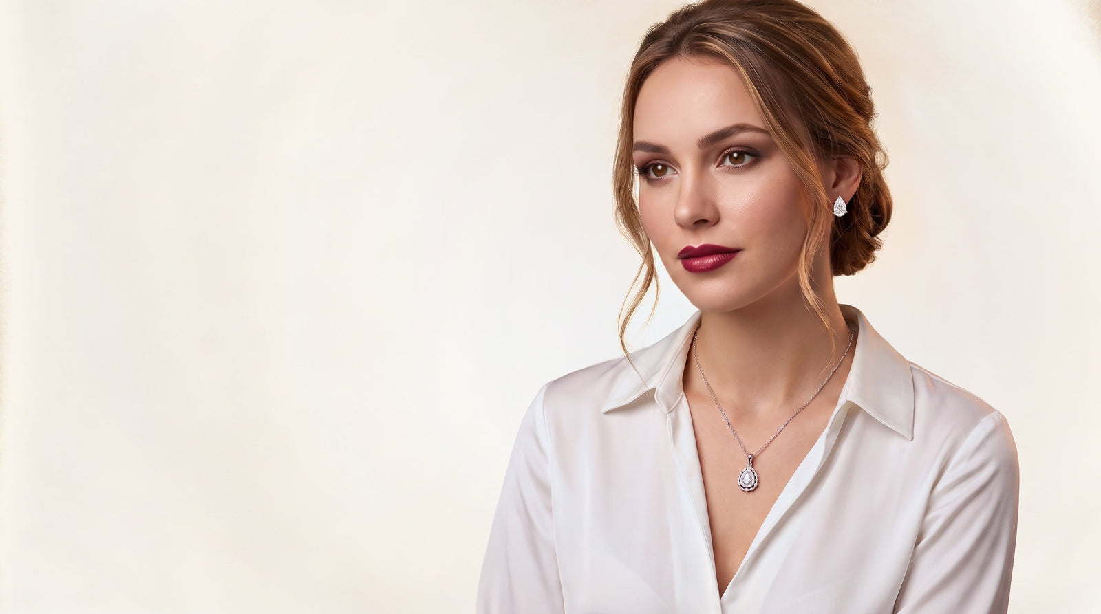 Model wearing a Crown Diamond Avenue pear cut moissanite halo necklace and pear stud earrings