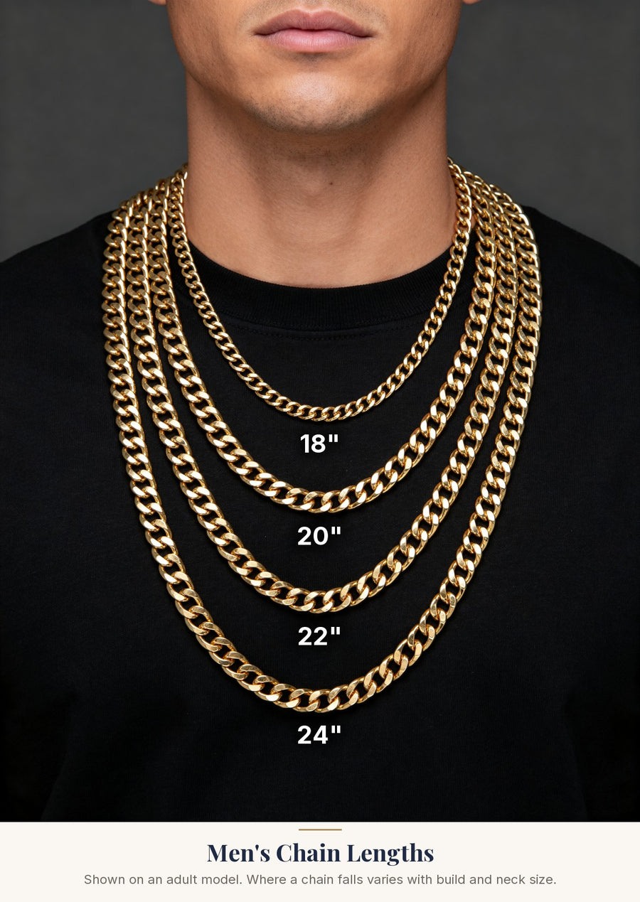 Men's chain lengths: 18, 20, 22 and 24 inch gold chains worn together on a man in a black t-shirt