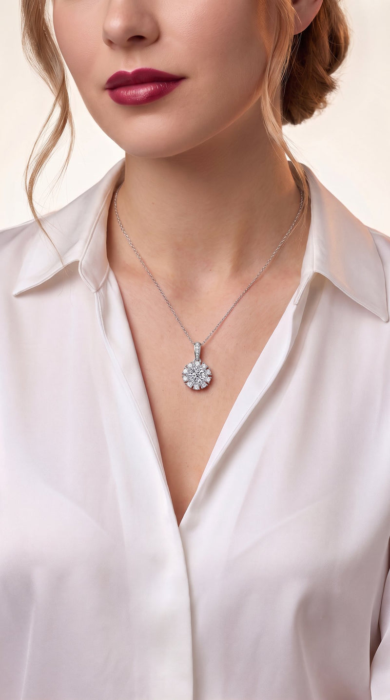 Woman wearing a round blossom moissanite pendant necklace